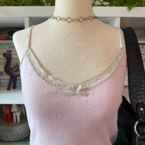 Roxy Vintage Y2K Eyelet Beaded Lace Slim Cami Preppy Tank Top - Pink Wms M - Picture 2 of 13